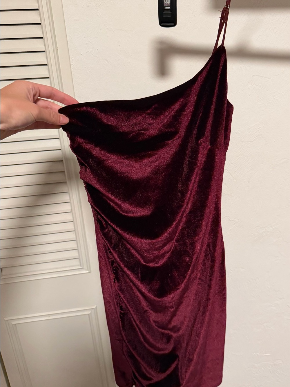 Lucy in the Sky One-Shoulder Satin Slip Dress in Burgundy